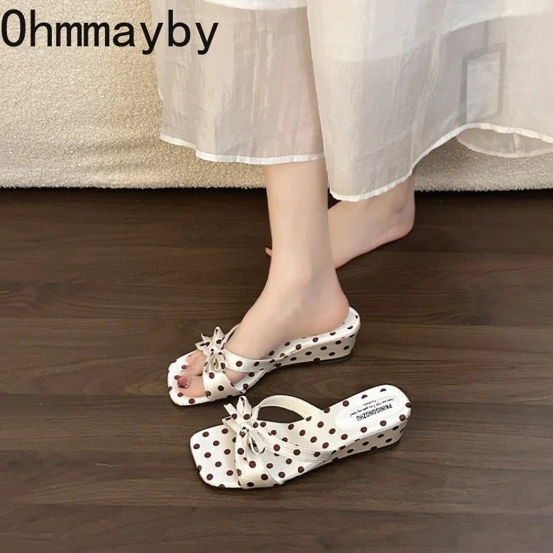 Satin Butterfly-Knot Women's Wedge Slippers | Polka Dot Slides Wedge Slide Slippers Axl