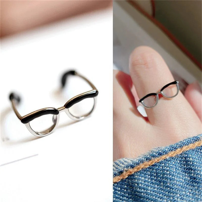 Cute Glasses Open Ring – Adjustable Enamel Copper Finger Ring Fashion Ring Axl Black