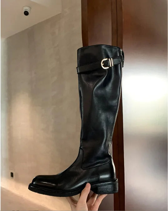 Women's Gothic Knee-High Knight Boots – Punk Buckle Platform Knee-High Boots Axl Black 36