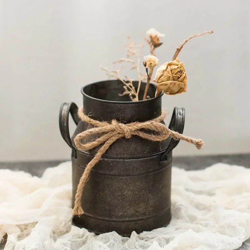 Retro Tin Flower Bucket Vase – Vintage Metal Milk Jug Planter Decorative Vase Axl