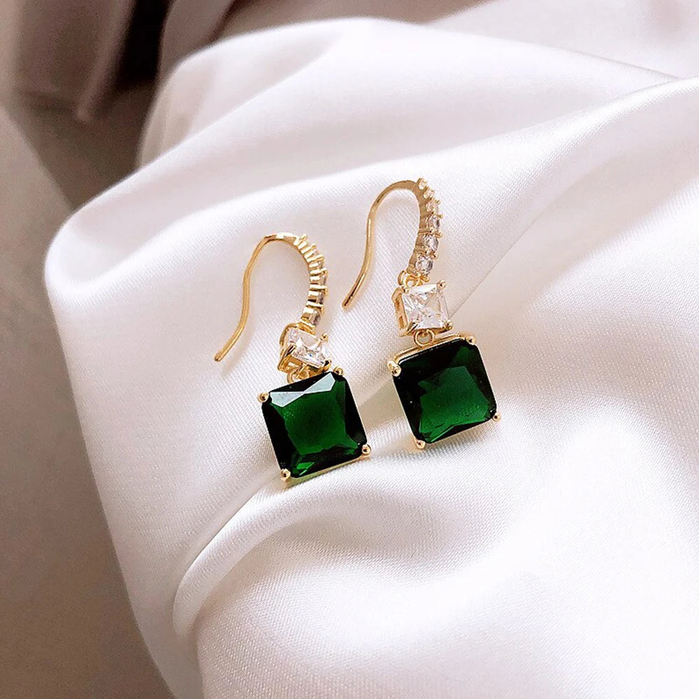 Huitan Green CZ Gold Drop Earrings – Geometric Fashion Jewelry Drop Earrings Axl