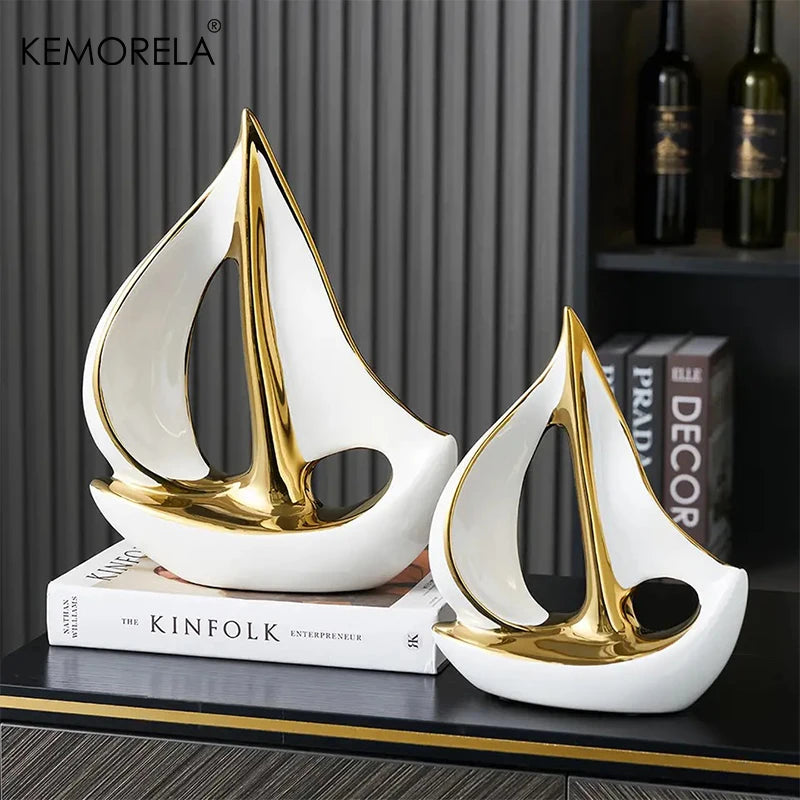 KEMORELA Ceramic Sailboat Sculpture – Post-Modern Home Décor Decorative Sculpture Axl