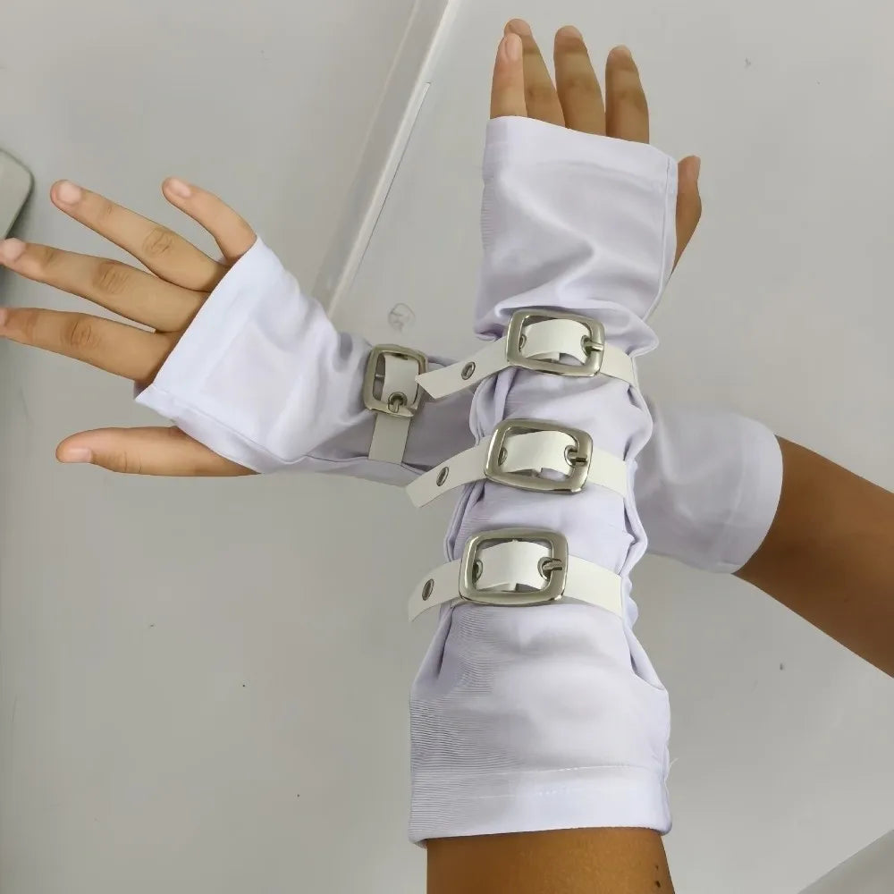Gothic Punk Arm Sleeves – White Polyester with Metal Buckles Gothic Arm Sleeves Axl