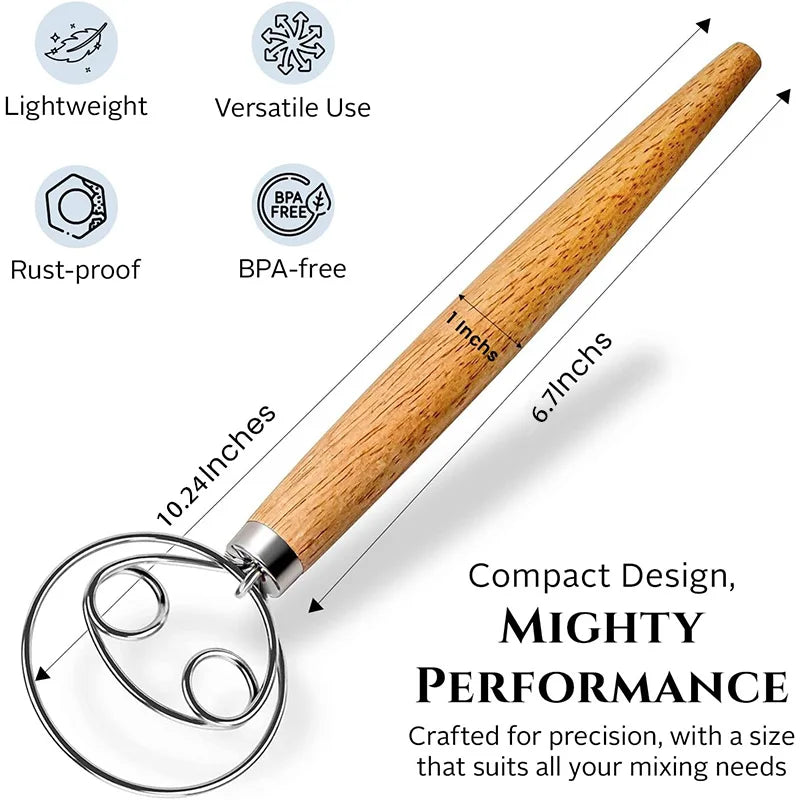 10-Inch Danish Dough Whisk – Oak Wood & Stainless Steel Dough Whisk Axl