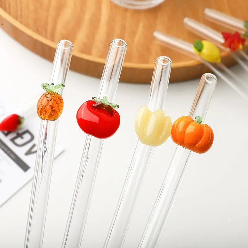 Reusable Fruit Design Glass Straw – Strawberry Cherry 20cm Glass Drinking Straw Axl