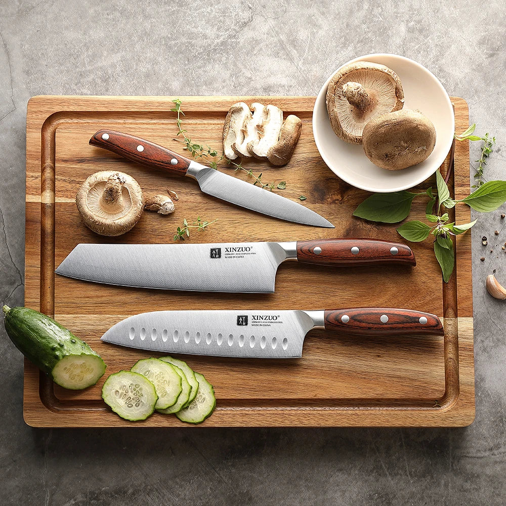 XINZUO 3PC German Steel Knife Set – Santoku, Bunka & Utility Kitchen Knife Set Axl