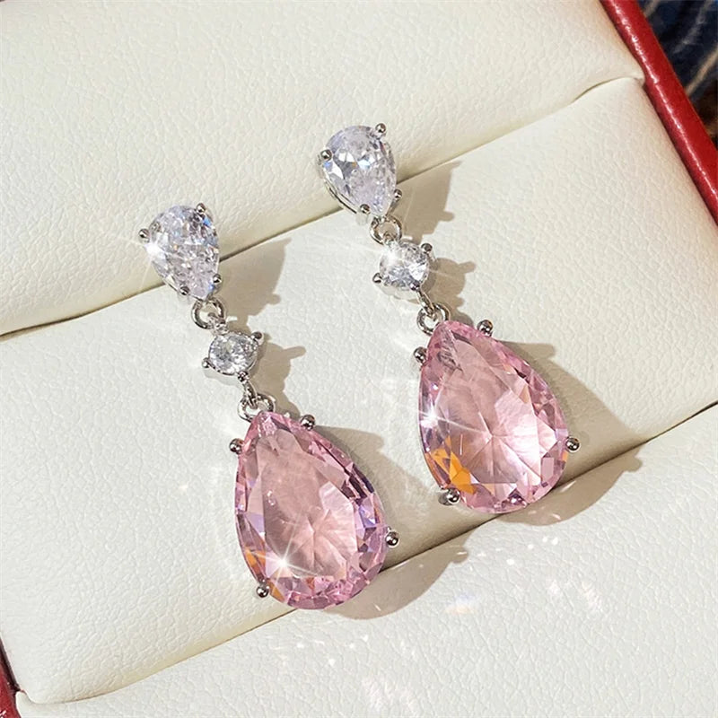 Huitan Pink CZ Drop Earrings – Women's Wedding Party Jewelry CZ Drop Earrings Axl