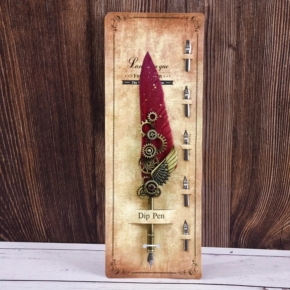 Retro Feather Dip Pen – Vintage Metal Calligraphy Set, 5 Nibs Calligraphy Dip Pen Axl Red