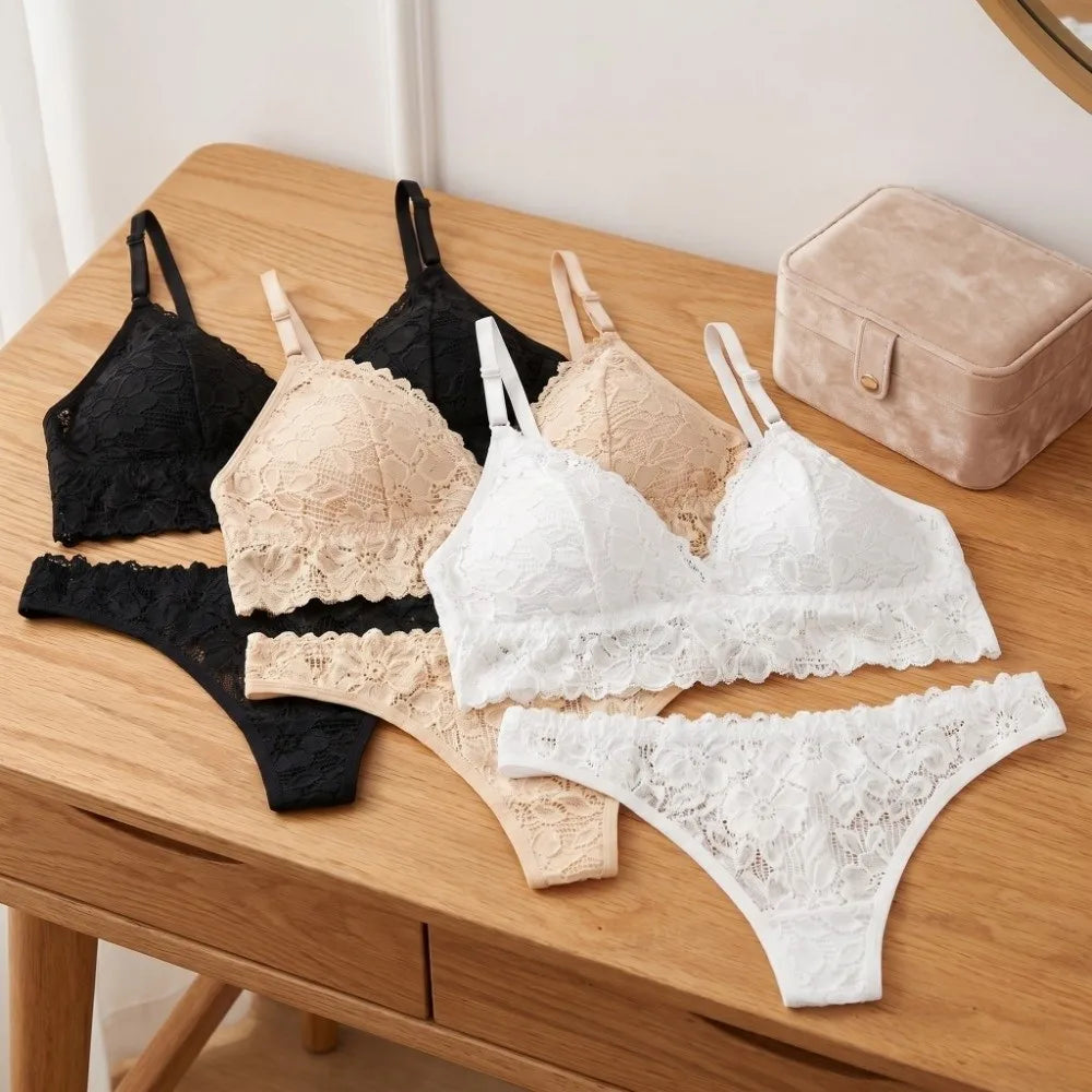 Lace Floral Padded Bra & Thong Set – V-Neck Lingerie Lace Lingerie Set Axl