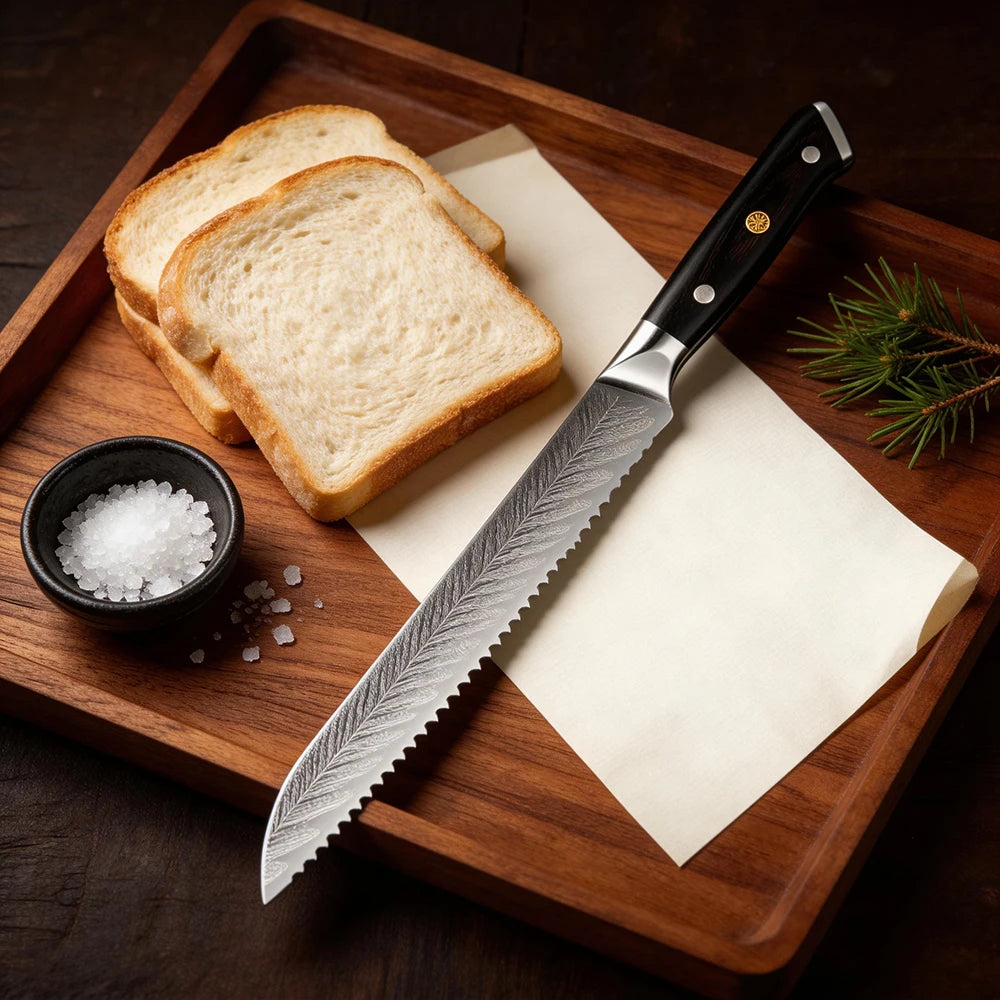 XITUO 8" Serrated Bread Knife – Damascus Steel Laser Blade Serrated Bread Knife Axl