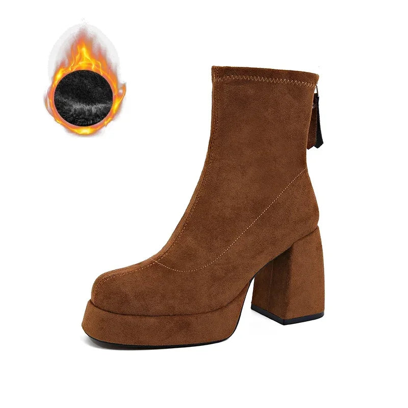 Women's Square Heel Ankle Boots – Warm Winter Short Booties Ankle Boots Axl Camel fur 40
