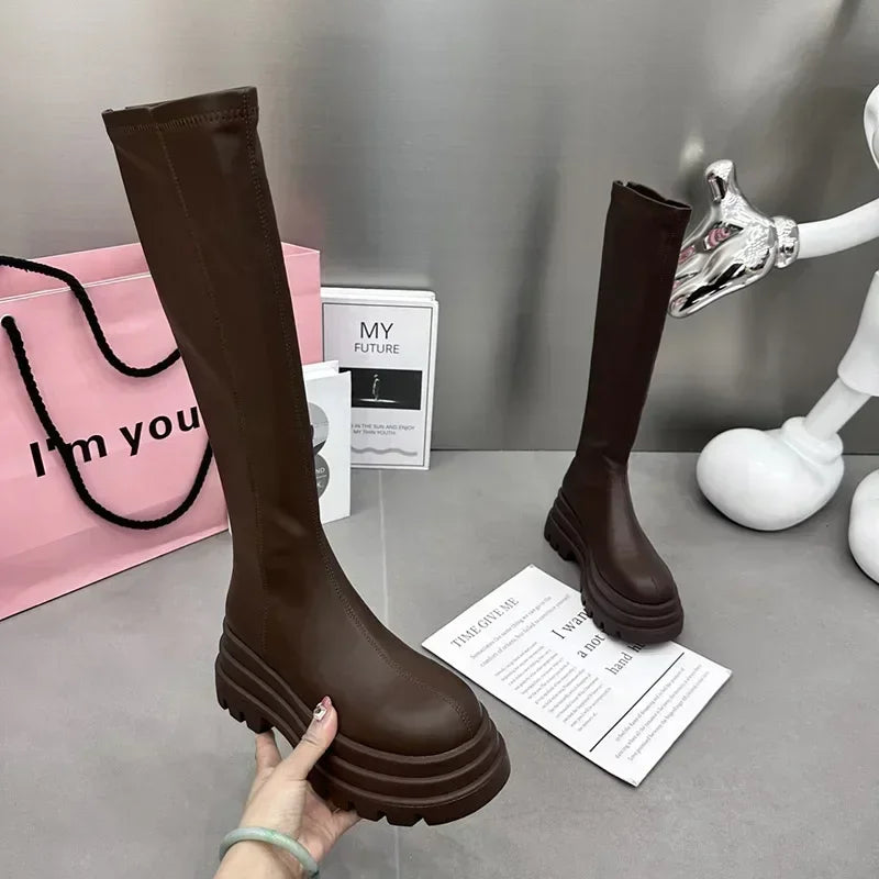 Women's Winter Knee-High Platform Boots – Back Zip Plush Lined Knee-High Platform Boots Axl