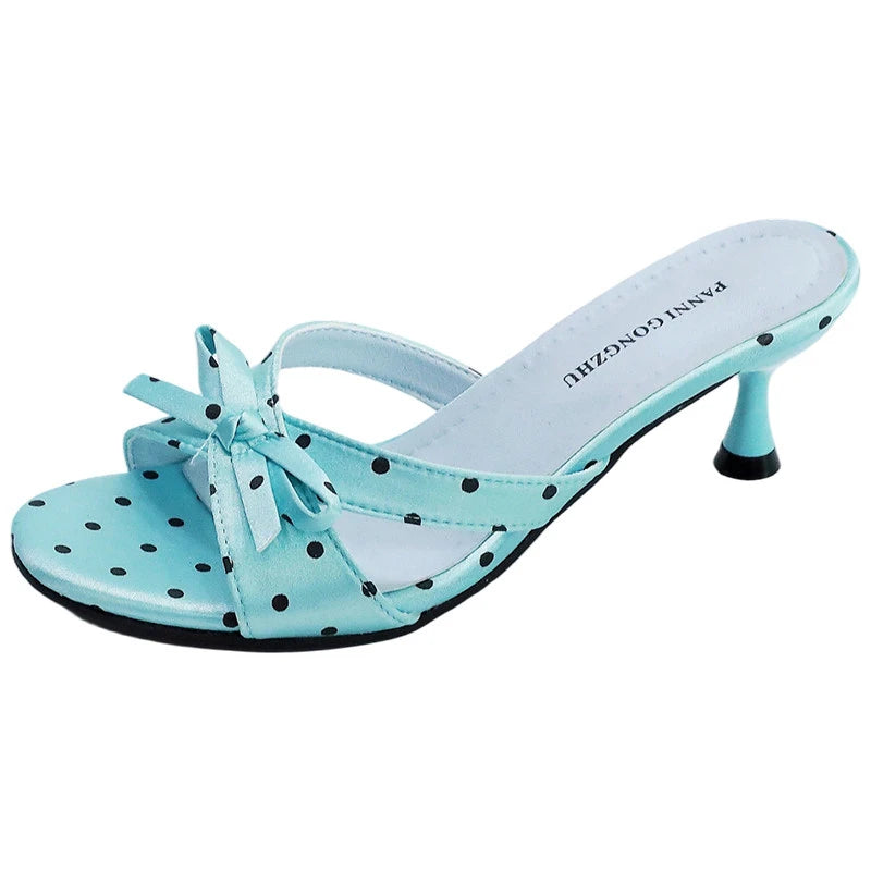 Satin Butterfly-Knot Women's Block Heel Slippers – Polka Dot Heeled Slide Slippers Axl SKY BLUE 40