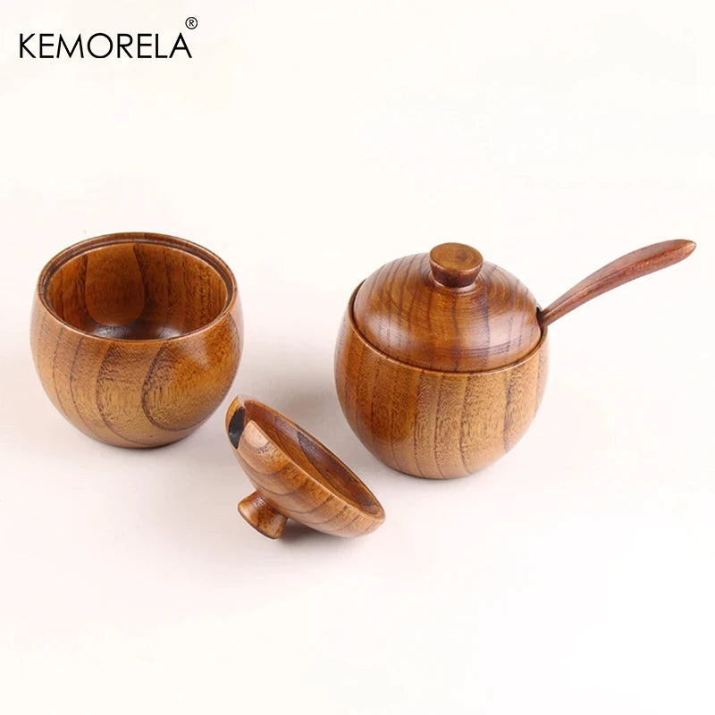 KEMORELA 2-Pack Retro Wood Condiment Jars with Lid & Spoon Condiment Container Set Axl