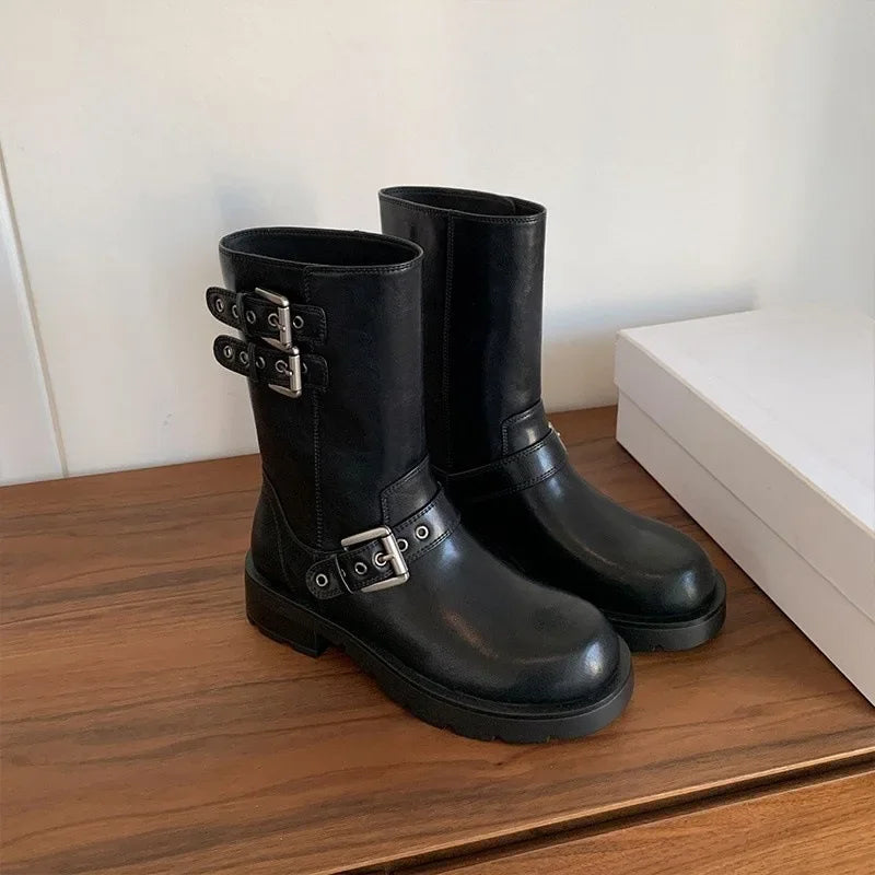 Women's Retro Western Cowboy Mid-Calf Motorcycle Boots Women's Mid-Calf Boots Axl Black 35