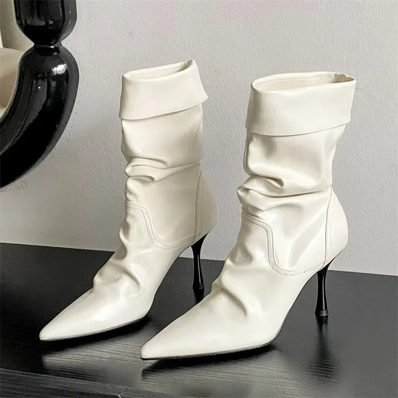 Women's Pleated Ankle Boots Pointed Toe High Heel Side Zip High Heel Ankle Boots Axl
