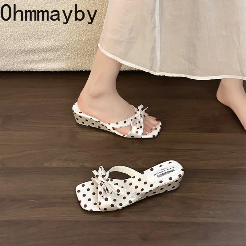 Satin Butterfly-Knot Women's Wedge Slippers | Polka Dot Slides Wedge Slide Slippers Axl