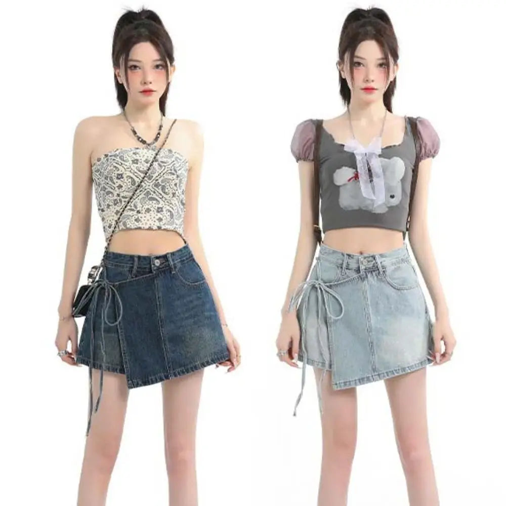 Y2K High Waist Denim A-Line Skirt – Lace-Up Wide Leg Blue Jean Denim A-Line Skirt Axl