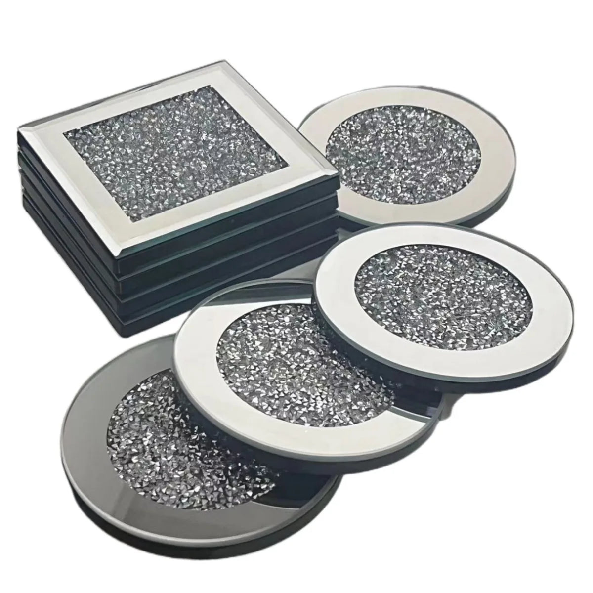 Rhinestone Mirror Glass Cup Coaster – Silver Luxury Mat Decorative Coaster Axl
