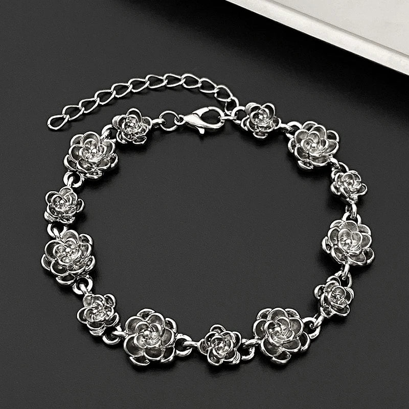 Retro Vintage Rose Flower Bracelet – Women's Gold Silver Chain Charm Bracelet Axl