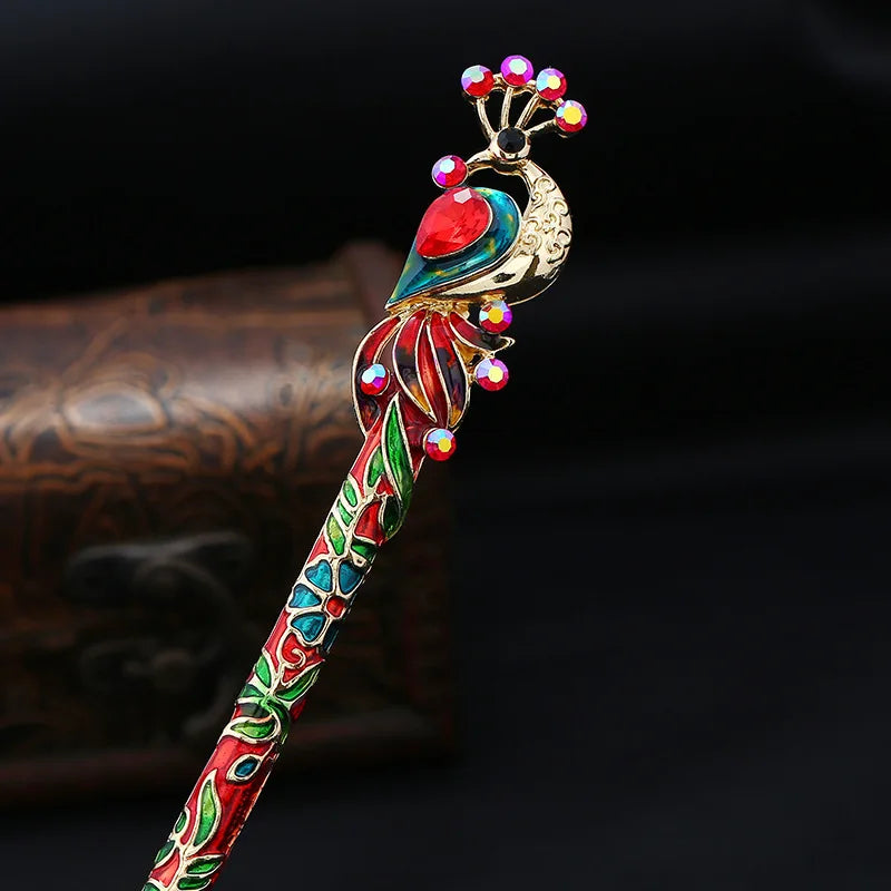 Retro Peacock Enamel Crystal Hair Stick Pin – Chinese Style Hair Stick Pin Axl