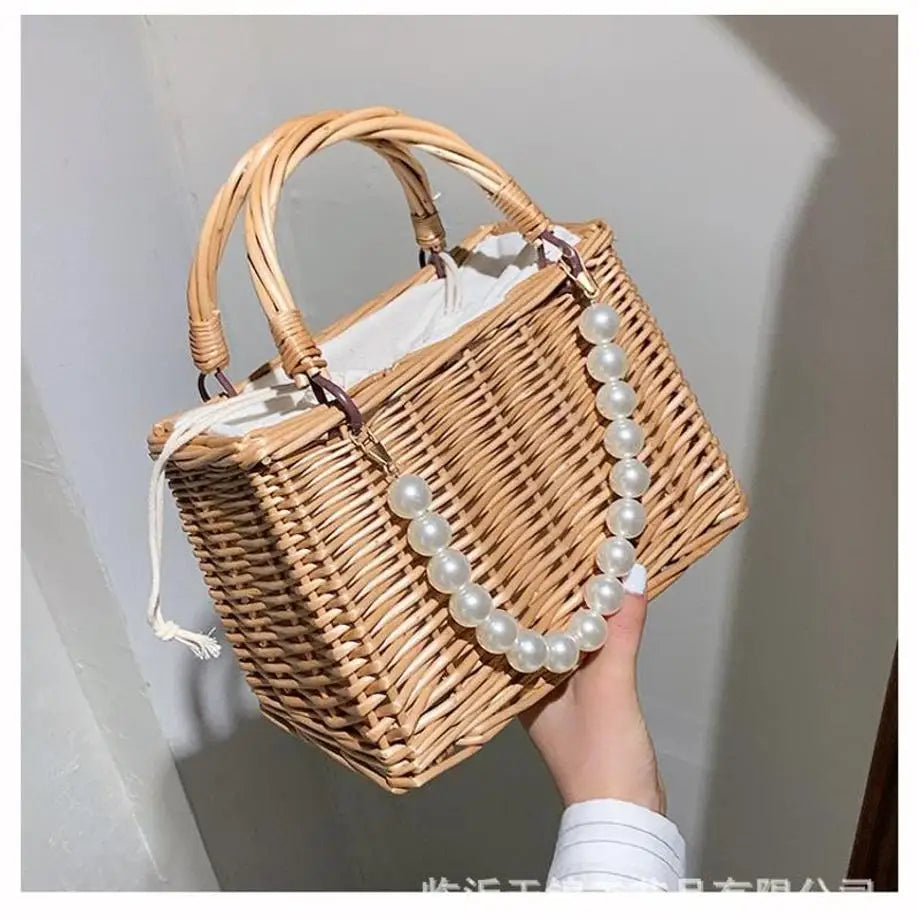 Women's Handmade Straw Woven Crossbody Bag – Floral Basket Purse Woven Crossbody Bag Axl