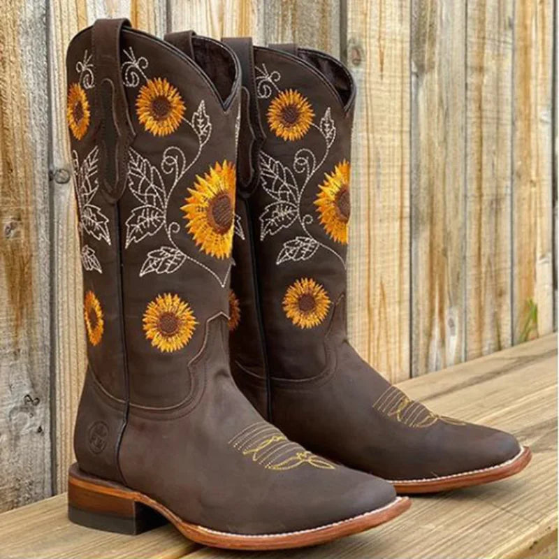 Women's Embroidered Knee-High Winter Boots | Brown Slip-On Knee-High Boots Axl