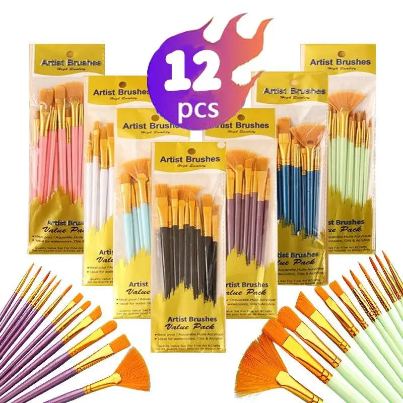 12-Piece Flat Nylon Paint Brush Set – Watercolor, Acrylic & Oil Art Paint Brushes Axl