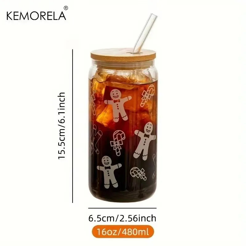 Christmas Glass Tumbler 480ml – Xmas Tree & Elk Cup, Lid & Straw Glass Tumbler Set Axl D 480ml