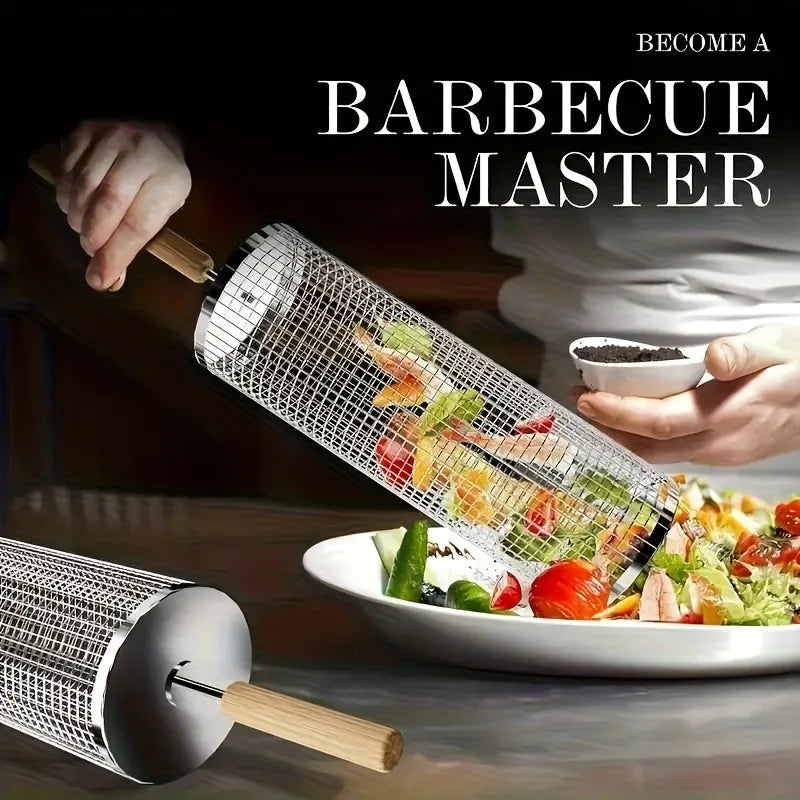 Stainless Steel Rolling BBQ Grill Basket Set – 2-Piece Cage BBQ Grill Basket Axl