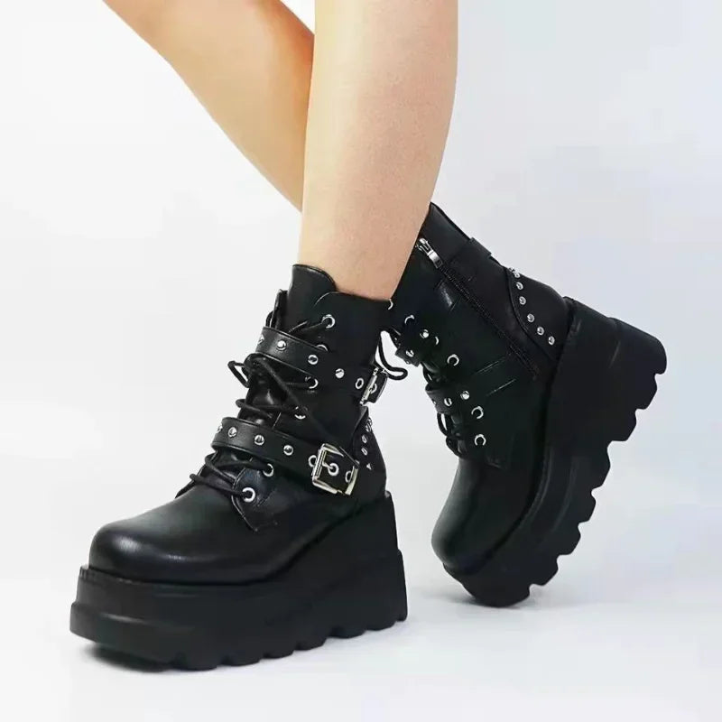 Women's PU Leather Platform Ankle Boots – Gothic Lace-Up Platform Ankle Boots Axl