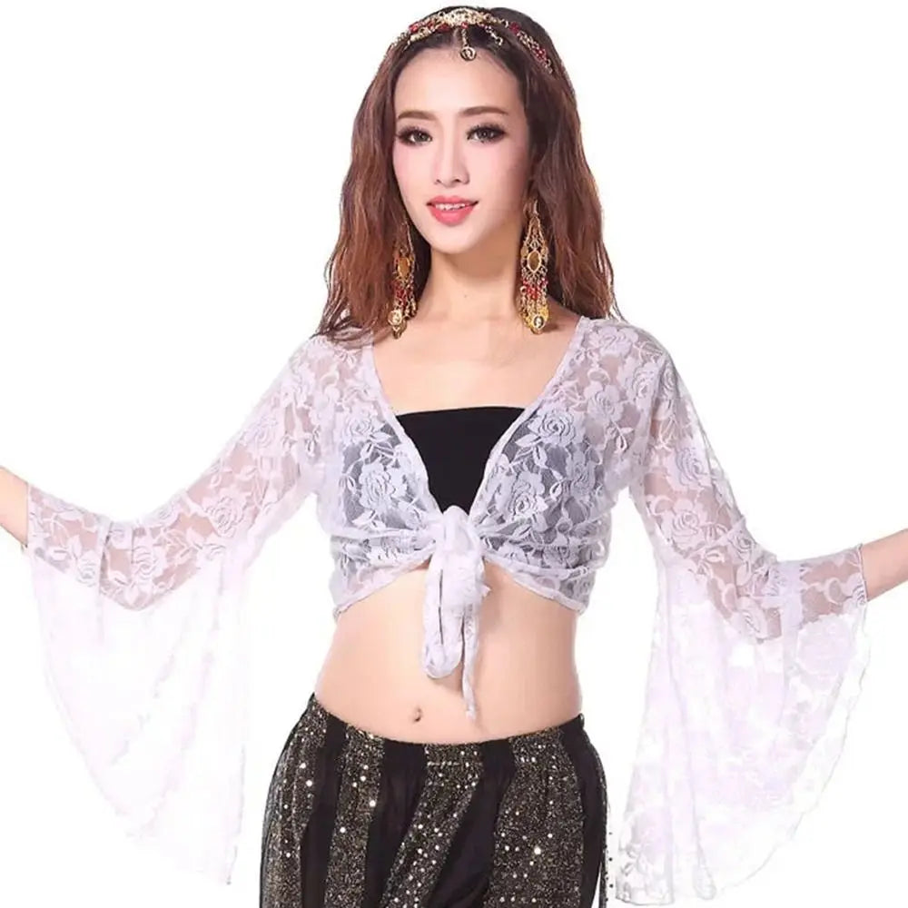 Women's Belly Dance Lace Shrug – Long Sleeve Cardigan Cover Up Dance Lace Shrug Axl White