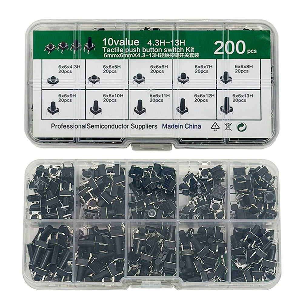 200PCS 6x6mm Micro Tactile Push Button Switch Kit – 10 Types Tactile Switch Kit Axl