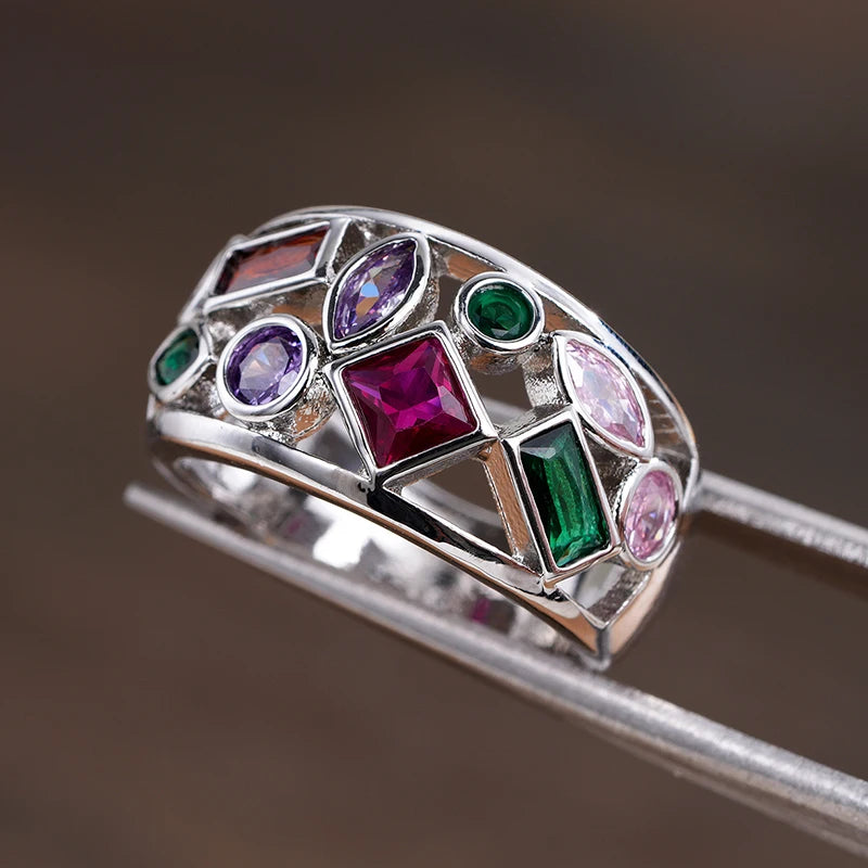 Huitan Rainbow CZ Wide Band Ring – Bohemian Women's Jewelry Fashion Ring Axl