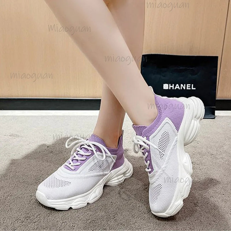 Women's Mixed Color Platform Sneakers – Lace-Up Casual Shoes Platform Sneakers Axl