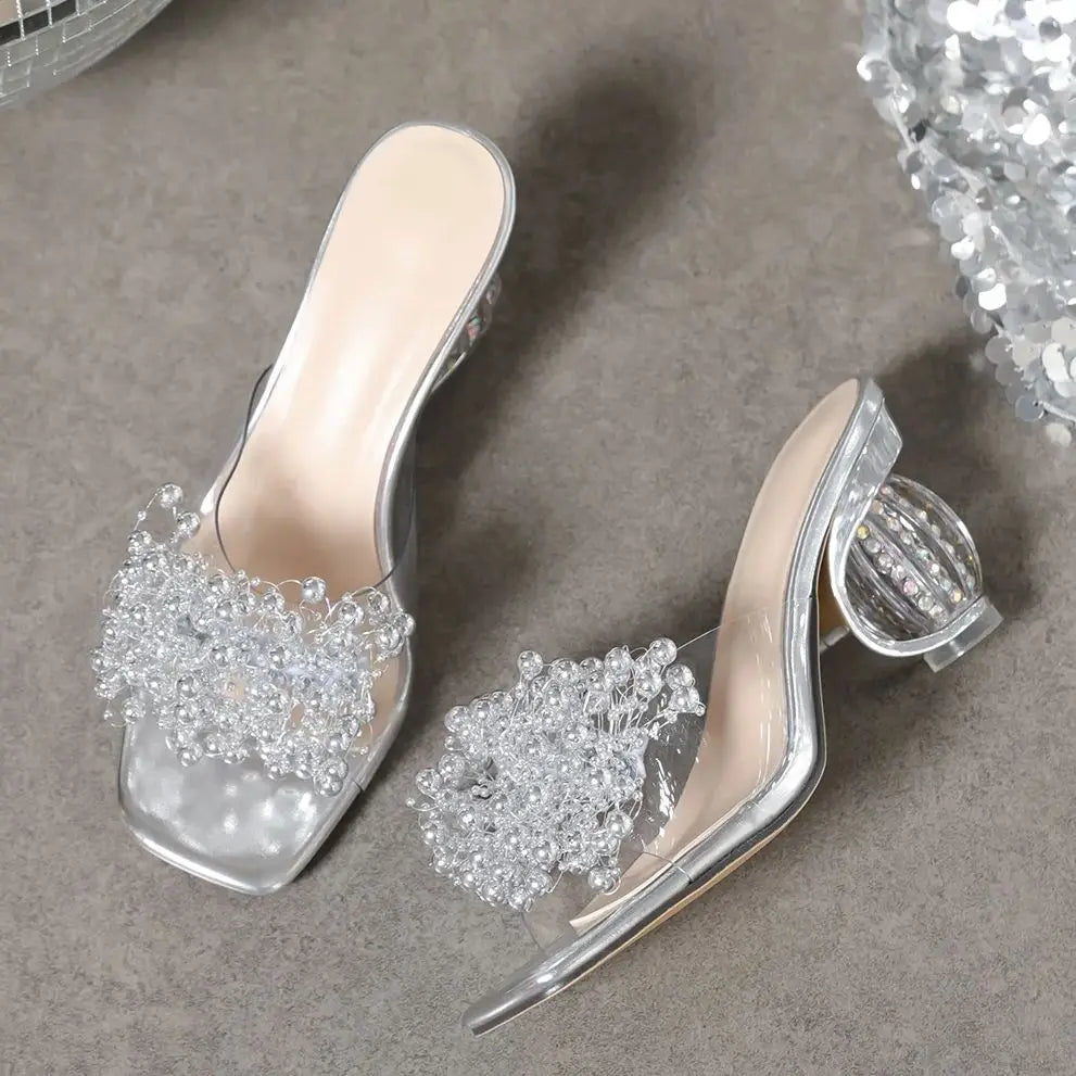 Women's Crystal Flower High Heel PVC Mule Sandals | Party Shoes High Heel Mule Sandals Axl