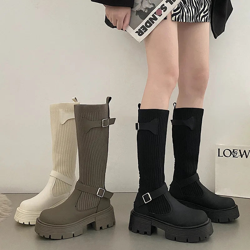 Women's Knitted Knee-High Boots – Retro Elastic Thick-Sole Knee-High Boots Axl