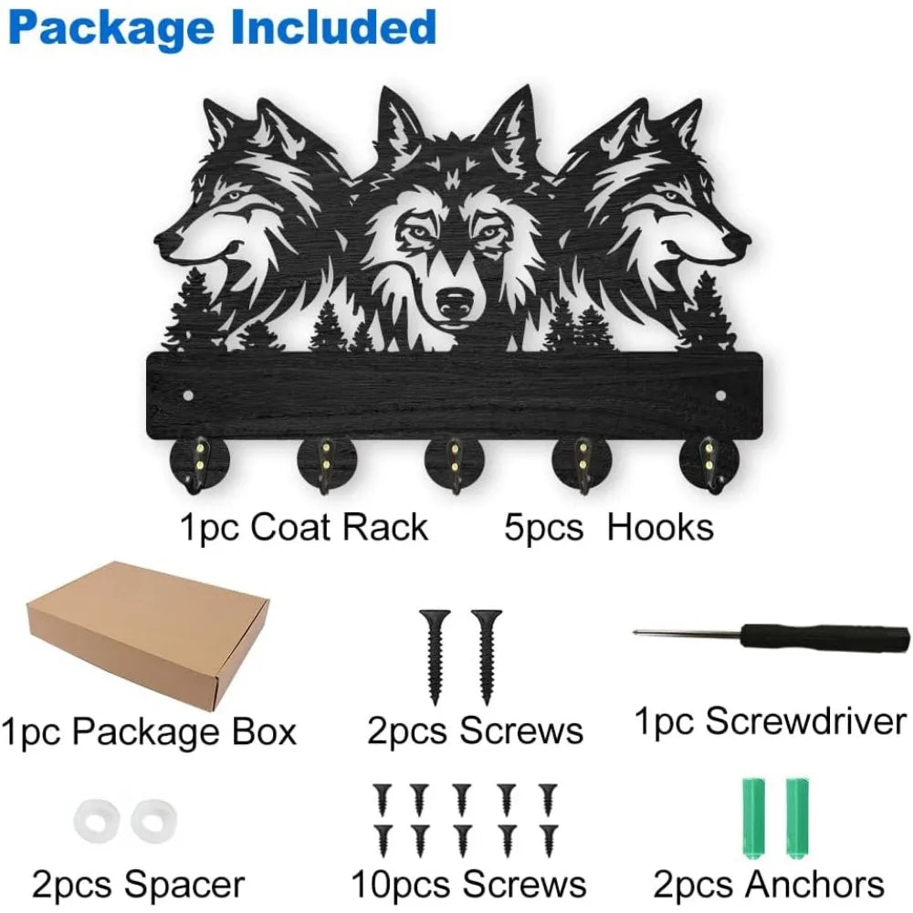 Wolf Forest Wood Wall Coat Rack – 5 Hook Key Holder 11.8in Wall Coat Rack Axl
