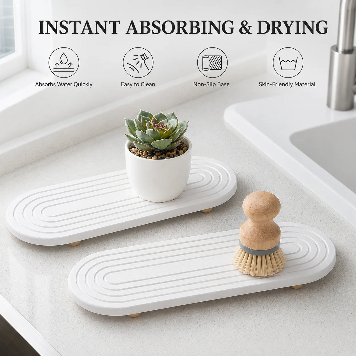 Elevated Diatomite Sink Tray with Wooden Feet | Fast Drying Mat Diatomite Sink Tray Axl