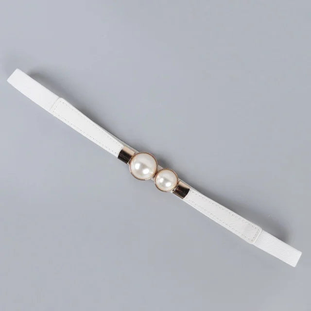 Pearl Buckle Elastic Waist Belt – PU Leather Women's Thin Belt Women's Waist Belt Axl White