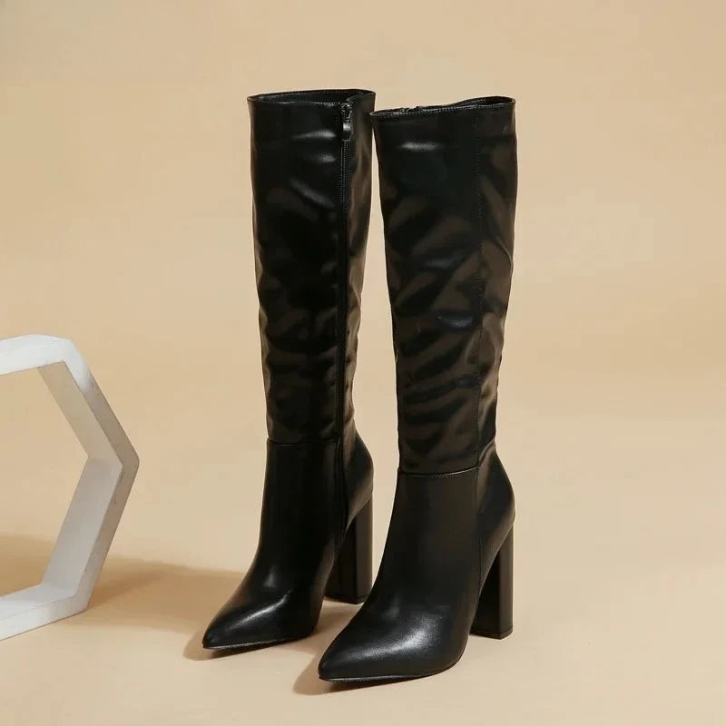 Women's Knee-High Motorcycle Boots | Pointed Toe Square Heel Knee-High Boots Axl Black 42
