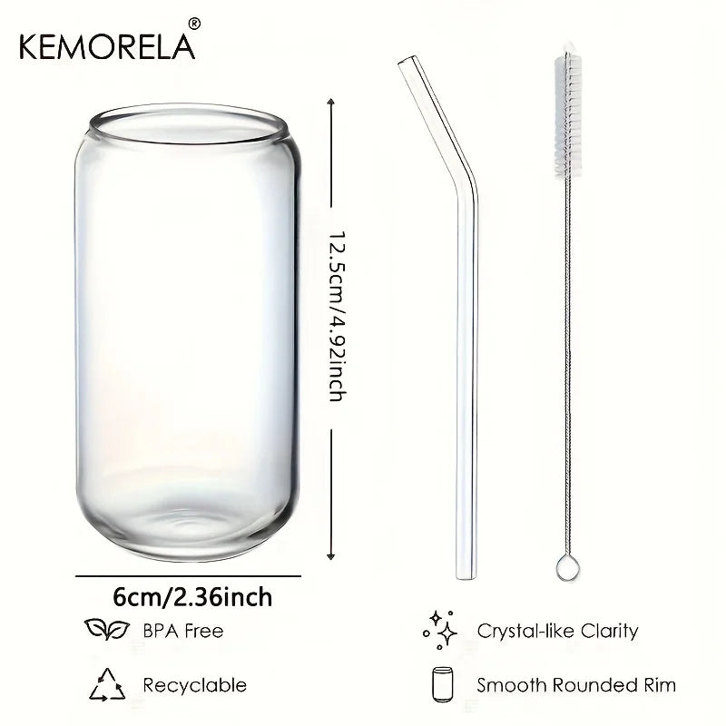Can-Shaped Glass Cups Set with Glass Straws | KEMORELA Glass Drinkware Set Axl