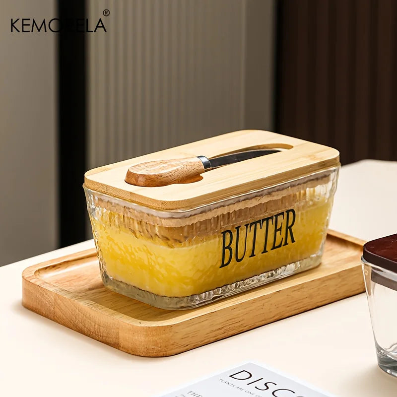 Glass Butter Dish with Bamboo Lid & Knife | Airtight Storage Butter Dish Axl