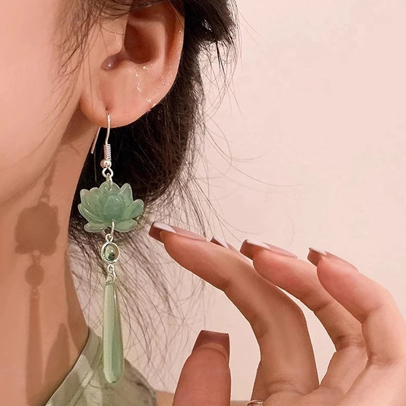 Chinese Lotus Cat's Eye Tassel Drop Earrings | 1 Pair Tassel Drop Earrings Axl