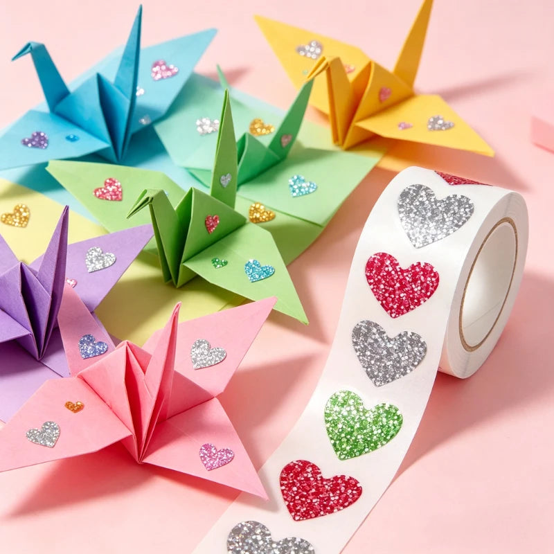 Glitter Heart Stickers Roll – 500 Sparkly Self-Adhesive Hearts Craft Stickers Axl