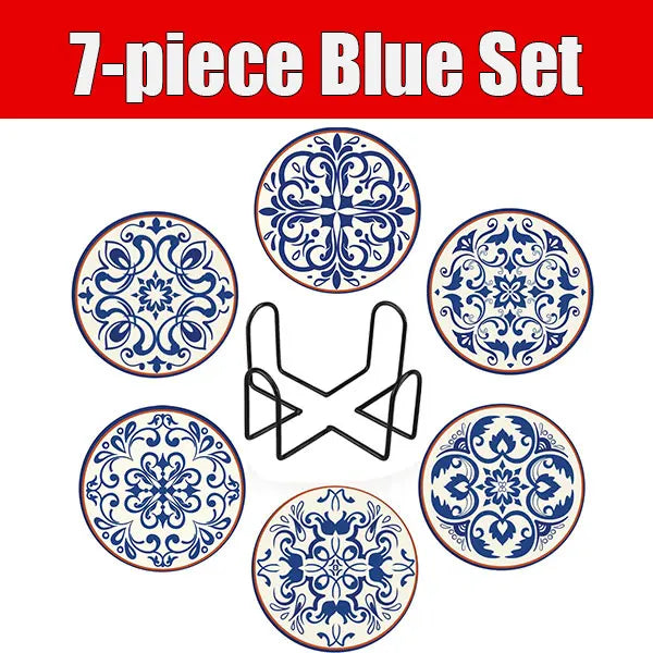 Ceramic Stone Coaster Set of 6 | Spanish Floral with Holder Ceramic Coaster Set Axl Blue Set