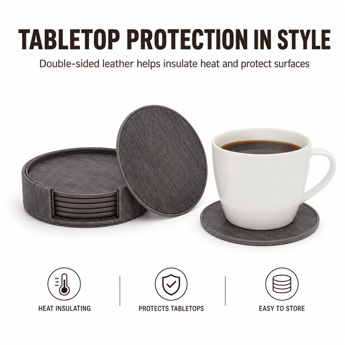 Leather Coasters Set of 6 – Wood Grain Drink Coasters with Holder Drink Coaster Set Axl