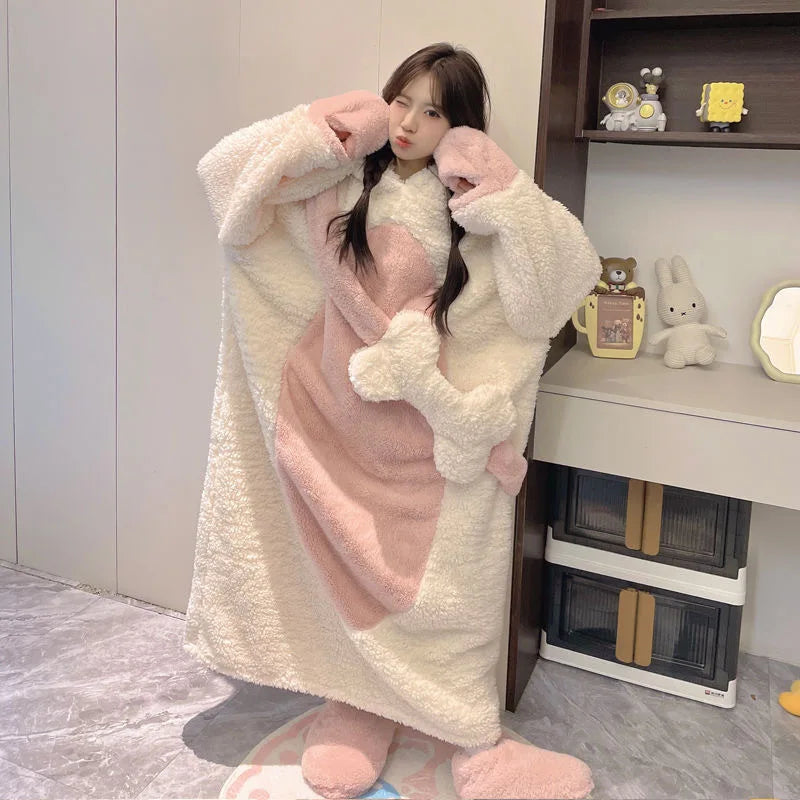 Cute Dog Cartoon Women's Fleece Hooded Pajama Set | Warm & Cozy Women's Fleece Pajamas Axl