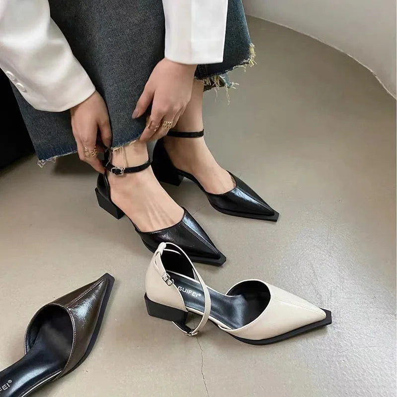 Women's Pointed Toe Mid Heel Pumps – Ankle Buckle Strap Women's Heeled Pumps Axl