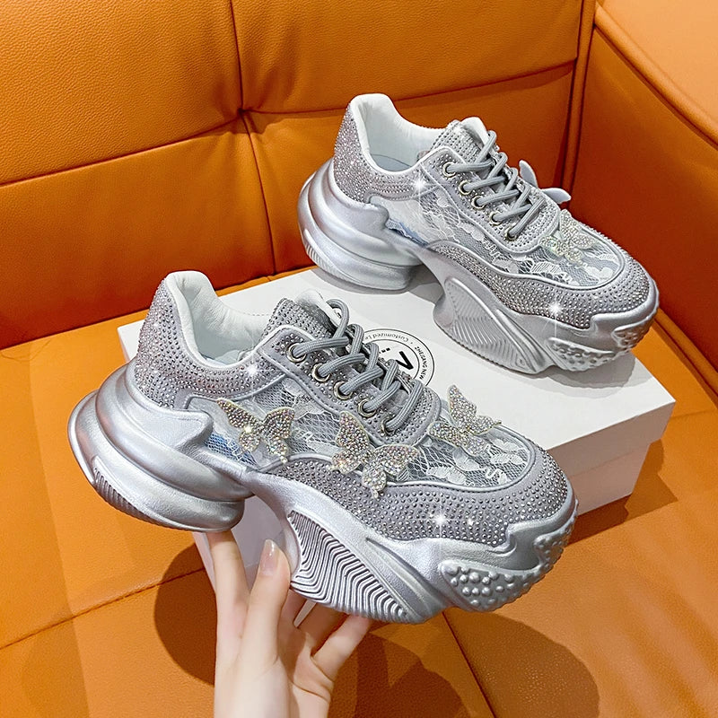 Women's Platform Sneakers – Butterfly Bling Lace-Up Casual Shoe Platform Sneakers Axl Silver 38